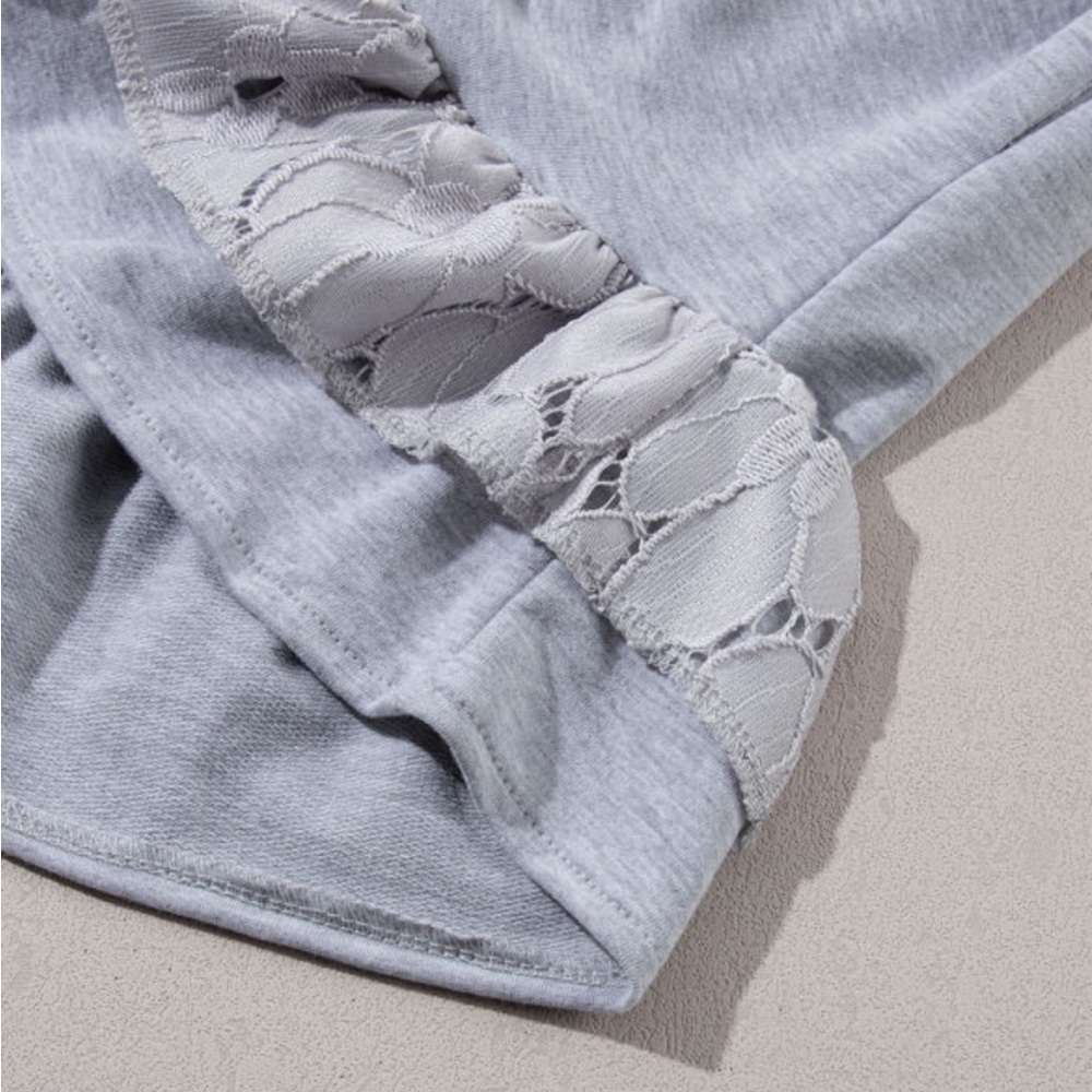 Light Gray Lace Floral Patchwork Ruffled T-Shirt Dress - Picture 6 of 9